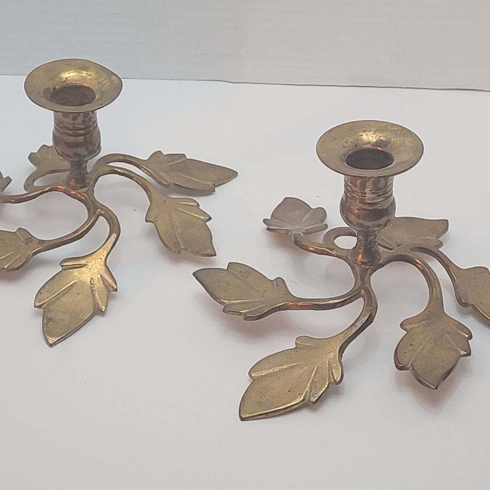 Vintage Brass Leaves Candle Holders Set of 2.